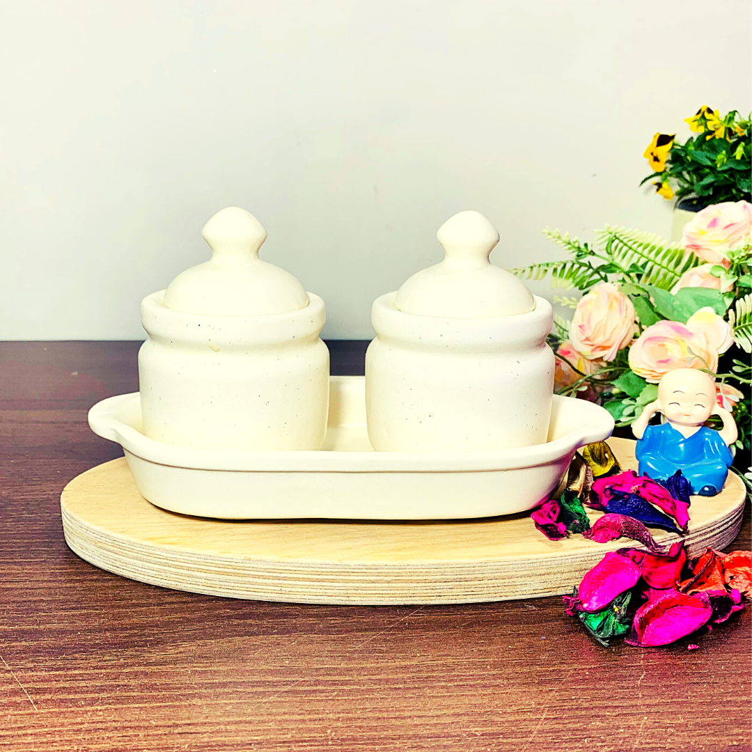 Homefrills Handcrafted Multi-Utility Storage Ceramic Jars & Containers with Lid & Tray for Kitchen & Dinning Table Snacks/Chutney/Pickle Serving jar set(2 jars with Lid & 1 Tray) Colour-White